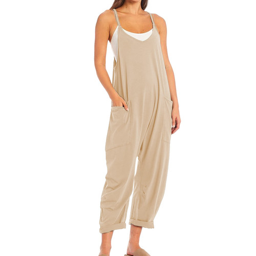 SeeLuNa Womens Casual Sleeveless Jumpsuits V-Neck Spaghetti Strap Wide Leg Romper Overalls Jumpsuit with Pockets(Apricot,L) SeeLuNa Womens Casual Sleeveless Jumpsuits V-Neck Spaghetti Strap Wide Leg Romper Overalls Jumpsuit with Pockets(Apricot,L)