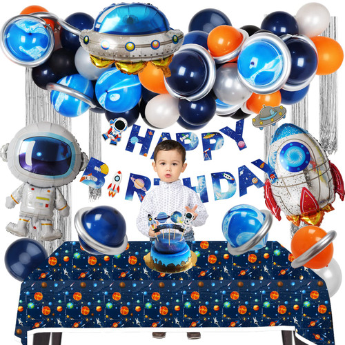 Recosis Space Birthday Party Decorations, Outer Space Party Supplies Include Happy Birthday Banner Tablecloth UFO Rocket Astronaut Balloons for Solar System Galaxy Universe Themed Party