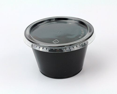 Disposable 4oz Plastic Condiment Cups with Lids, Sample Cup, Jello Shot Cups, Salad Dressing, Souffle Portion, Sampling (100, Black)