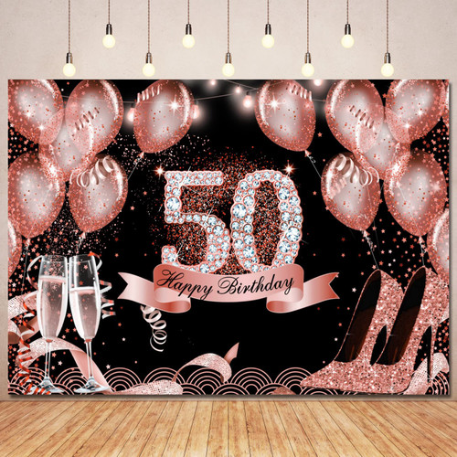 50th Birthday Backdrop Banner Decorations for Women,Rose Gold Happy 50 Birthday Backdrops Glitter Balloon Photography Background 50 and Fabulous Bday Party Supplies Fifty Years Photo Booth Props 7x5ft