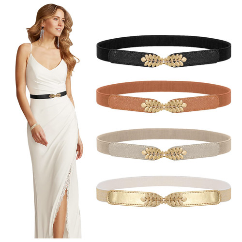 4 Pack Women Skinny Elastic Belt Ladies Fashion Stretchy Thin Waist Belt For Dresses Black/Brown/Beige/Gold