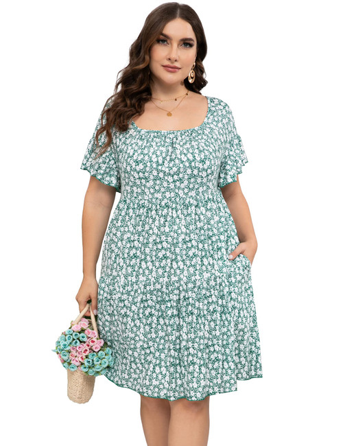 KOJOOIN Plus Size Summer Dress Womens Plus Size Clothing Plus Size Square Neck Dress Ruffle Sleeve Flowy Dress with Pockets Green Flower 3XL KOJOOIN Plus Size Summer Dress Womens Plus Size Clothing Plus Size Square Neck Dress Ruffle Sleeve Flowy Dress with Pockets Green Flower 3XL