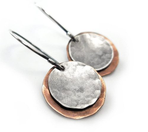 Mixed Metal Copper & Sterling Silver Earrings, Small Organic Recycled Metal Hammered Dangle Earrings, Petite Circle Round Minimalist Boho Jewelry