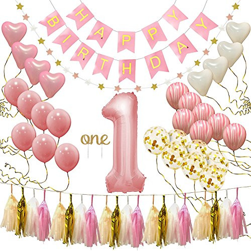 First Birthday Decorations for Girl | 1st Baby Girl Number 1 Balloon, Happy Birthday Banner, One Cake Topper, Star Garland, Marble Pink, Gold Confetti, Heart Balloons, Paper Tassels | PartyHooman