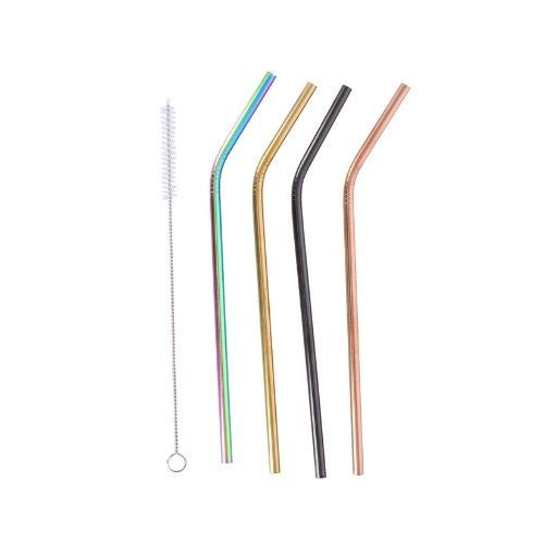 Alpina Coloured Reusable Stainless Steel Metal Drinking Straws Pack with Cleaning Brush 4 Piece Set Eco-Friendly Metallic Metal Straws for Smoothies, Milkshakes, Cocktails, Cold Beverage, Hot Drinks