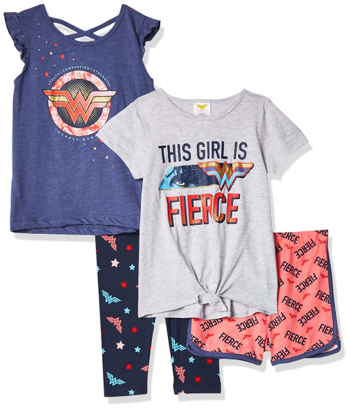 DC Comics Wonder Woman Toddler Girls 4 Piece Mix n' Match Shorts & Legging Set 3T Blue/Gray