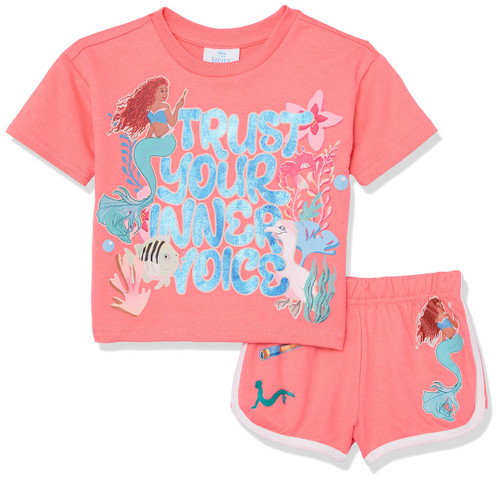 Disney Girls The Little Mermaid Movie French Terry - Ariel, Flounder, Sebastian Tee & Short Set, Coral, 7-8 US