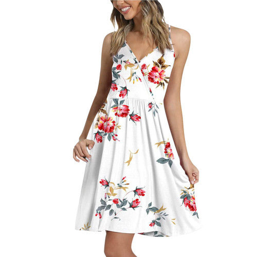Women's Summer Sleeveless T Shirt Dress Solid Swing Tank Dress V-Neck Spaghetti Strap Mini Dress White