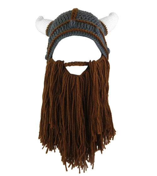 MerryJuly Knitted Viking Hat with Beard Novelty Hats for Men Adults Funny Dwarf Beanie Viking Warrior Horns Helmets for Halloween Costume Dress Up(Viking Beard Hat Short Brown)