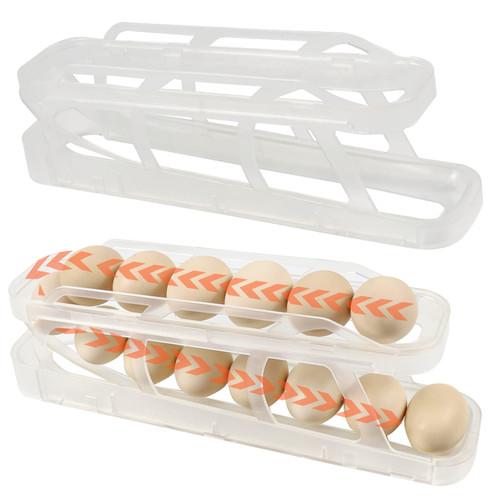 2Pcs Egg Dispenser for Refrigerator, 2 Tier Rolling Egg Dispenser Space Saving Rolling Eggs Dispenser and Organizer for Refrigerator Storage (2-pcs Transparent)