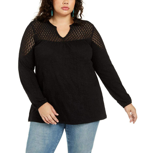 Style & Co. Womens Plus Lace Shoulders Textured Blouse Black 0X