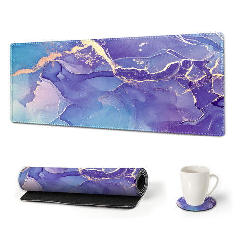 AIMSA Large Gaming Mouse Pad Extended Mouse Pad with Stitched Edge, Keyboard Mouse Mat Non-Slip Rubber Base Desk Pad 31.5x11.8 inch for Office Home Game Work, Blue Purple Marble