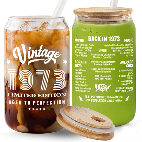 Jettryran 50th Birthday Gifts for Women Men 50th Birthday Decorations for Him Her 1973 Vintage Iced Coffee Cup Gifts for Women Turning 50-50th Birthday Party- 16 Oz Coffee Beer Can Glass Cups Jettryran 50th Birthday Gifts for Women Men 50th Birthday Decorations for Him Her 1973 Vintage Iced Coffee Cup Gifts for Women Turning 50-50th Birthday Party- 16 Oz Coffee Beer Can Glass Cups