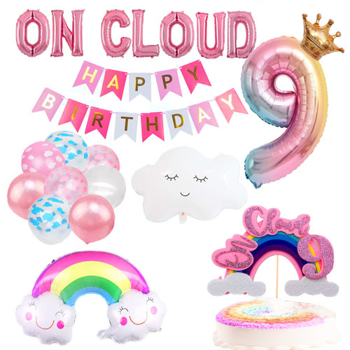BEOXAGAR Big On Clound 9 Birthday Party Supplies?9th Birthday Decorations, Rainbow Party Decorations ,On Cloud 9 Birthday Decorations For Girls,on cloud 9 cake topper,9th Birthday Decorations For Girls.