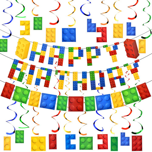 23 Pieces Building Block Birthday Party Backdrop Supplies Include Colorful Building Blocks Banners and Building Theme Hanging Swirls for Birthday Building Blocks Theme Party Decorations