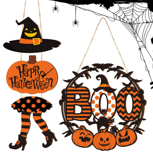 2 Pieces Happy Halloween Boo Decorations Witch Hanging Sign Leg Hat Wooden Wall Decor Halloween Pumpkin Sign Hanging Door Decor Halloween Wall Sign Plaque for Indoor Outdoor Halloween Party Decoration