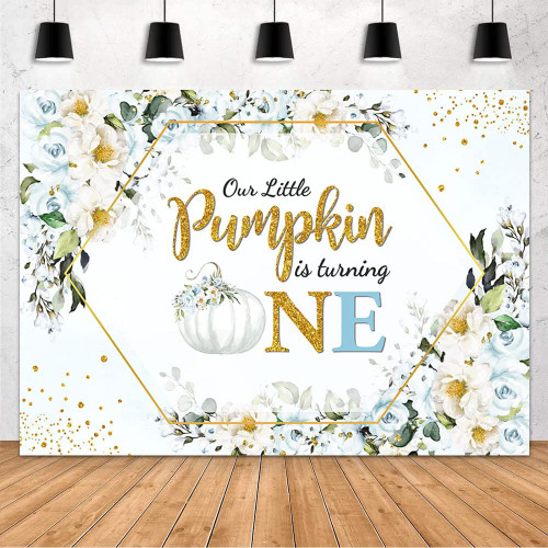 MEHOFOND Fall Pumpkin 1st Birthday Party Decorations Backdrop Our Little Pumpkin is Turning One Blue Birthday Party Decor Supplies Photo Background Banner Dessert Table Photo Booth Studio Vinyl 8x6ft