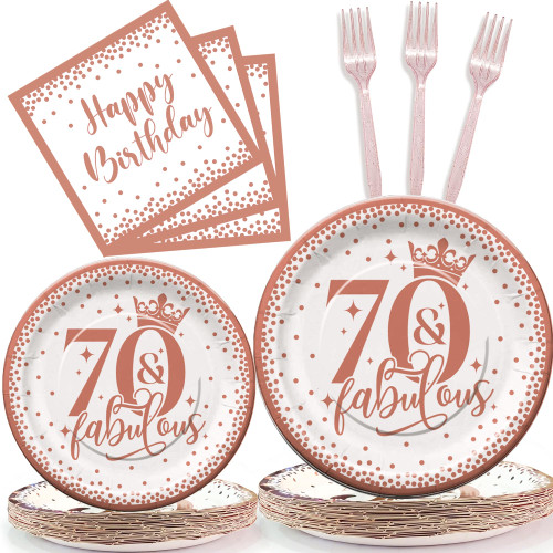 GREPARPY 70th Birthday Decorations Women Tableware - Rose Gold 70 And Fabulous Birthday Decorations Dinnerware, Seventy Birthday Plate, Napkin, Fork, Her 70-Year-Old Birthday Party Supplies | Serve 24