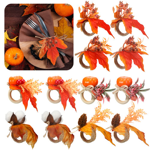 Lauwell 12 Pieces Fall Themed Napkin Rings Harvest Maple Fruit Pumpkin Theme Thanksgiving Napkin Rings for Dinner Fall Gathering Table Decoration Supplies, 6 Styles, Orange