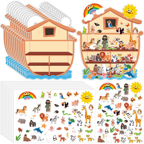 Thyle 12 Set Giant Noah's Ark Sticker Scene Kit Include 12 Backgrounds and 12 Sheets Self Adhesive Animal Stickers Noah's Ark Crafts Noahs Ark Decorations for Kids Sunday School Classroom Activities