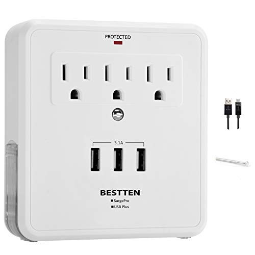 BESTTEN USB Wall Tap Plug with USB Micro Cable, 3 USB Charging Ports (3.1A), 3 AC Outlets and 2 Slide-Out Phone Holders, Surge Protector 300 Joules, ETL Certified, White