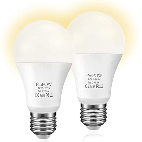 Dusk to Dawn LED Light Bulbs,ProPOW Light Sensor Bulbs,Smart Porch Lights,A19 7W Soft White LED Bulbs Automatic on Off Indoor/Outdoor Lighting for Garage Hallway Yard Garden(2700K,2 Pack)