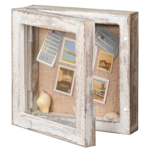 6x6 Square Shadow Box, Display Size 5x5 Shadow Box Frame with Glass, Small Shadow Box Display Case with Hinge and Magnetic Door for Shells Taxidermy Keepsake Photos Tickets Coins-Vintage White