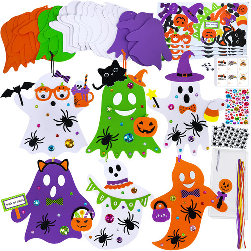 Winlyn 24 Sets Halloween Ghost Tree Ornaments Decorations Craft Kits DIY Halloween Ghost Art Sets Foam Ghost Shape with Halloween Stickers Fall Crafts for Halloween Party Favors Classroom Activities
