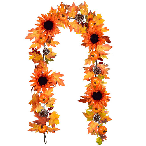 Artiflr 6 Ft Fall Maple Leaf Garland Hanging Vine, Artificial Berries Sunflower Pumpkin Autumn Decoration for Wedding Party Thanksgiving Dinner Fireplace Door Frame Doorway Backdrop Decor