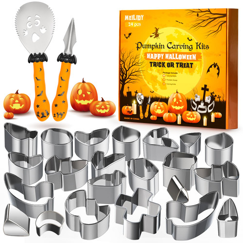 MEILIDY Halloween Pumpkin Carving Kit, 24 Pcs Easy & Safe DIY Metal Pumpkin Carving Stencils Stainless Steel Pumpkin Carving Tools Set Carving Cutters Kit for Adults and Kids MEILIDY Halloween Pumpkin Carving Kit, 24 Pcs Easy & Safe DIY Metal Pumpkin Carving Stencils Stainless Steel Pumpkin Carving Tools Set Carving Cutters Kit for Adults and Kids
