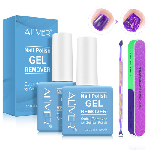 2Pack Gel Nail Polish Remover, Gel Remover for Nails, Gel Remover for Nails with Cuticle Pusher & Nail File Buffer, No Need for Foil, Soaking or Wrapping, Quick & Easy Polish Remover In 2-3 Minutes
