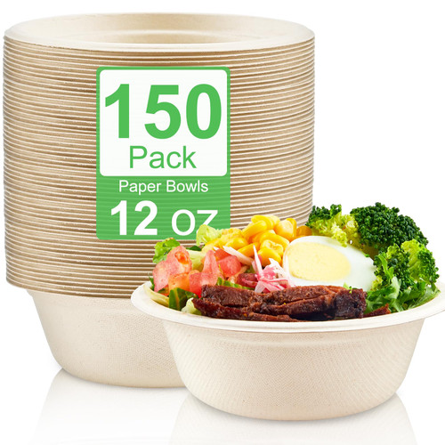 Kucoele 150 Pack 12 oz Disposable Paper Bowls, Heavy Duty Compostable Bowls Biodegradable Eco-Friendly Sugarcane Bowls Made of Natural Bagasse for Salad, Soup, Snacks