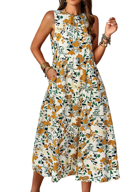 GAOVOT Women's Casual Summer Sleeveless Dress Halter Neck Loose Vintage Floral Print Tiered Boho Midi Dresses with Pockets GAOVOT Women's Casual Summer Sleeveless Dress Halter Neck Loose Vintage Floral Print Tiered Boho Midi Dresses with Pockets