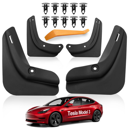 Spurtar for Tesla Model 3 Mud Flaps 2023-2019 Car Mud Fender Splash Guards, No Drilling, Compatible with Tesla Model 3 2023 2022 2021 2020 2019 Upgraded Version Front and Rear Mud Flaps Black 4PCS