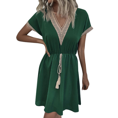 A Line Dresses for Women Wedding Guest Womens Fashion Dress Spring and Summer Solid Color Short Sleeved Lace V Neck A Line Dresses for Women Wedding Guest Womens Fashion Dress Spring and Summer Solid Color Short Sleeved Lace V Neck