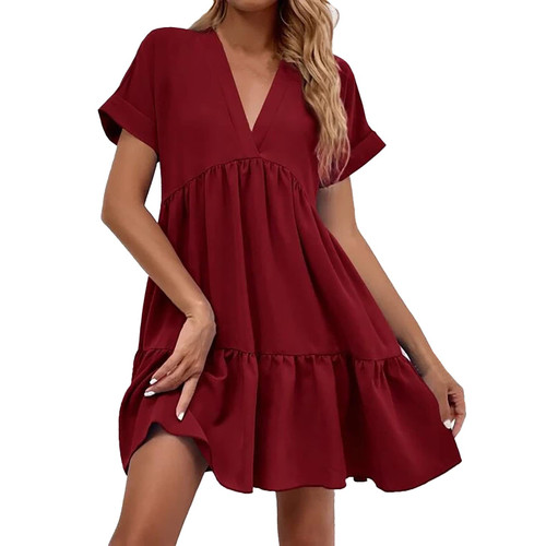 Midi Summer Dresses for Women Women's Ruffles Fresh and Sweet V Neck Solid Color Large Swing Casual Skirt Dress