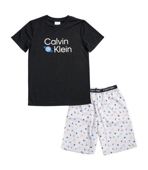 Calvin Klein Boys' Little 2 Piece Sleepwear Top and Bottom Pajama Set, Black/Icons, Large