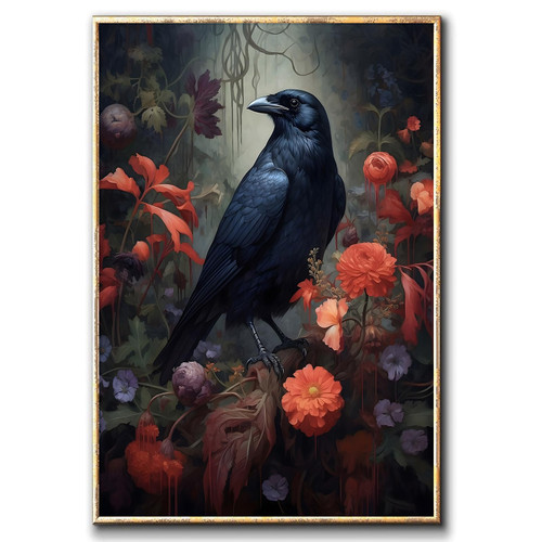 Crow Canvas Wall Art Dark Academia Floral Vintage Poster Raven Artwork For Walls Flowers Wall Art Retro Animal Prints Black Crow Pictures Dark Academia Paintings Vintage Gothic Art 16x24inch No Frame
