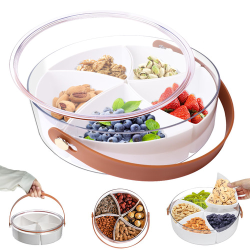 Divided Serving Tray with Lid, Veggie Fruit Snack Tray with Lid and Handle, Snackle Box Charcuterie Container, 5 Compartment Storage Trays Clear Organizer for Candy, Appetizer, Nuts, Parties, Picnic