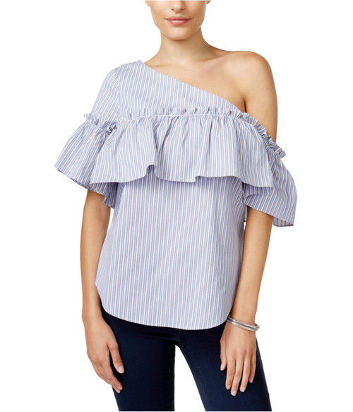 Bar III Womens One-Shoulder Ruffled Pinstripe Blouse Blue Combo, S