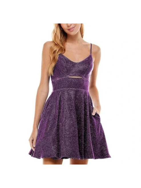 City Studio Womens Purple Metallic Zippered Lined Cut Out Spaghetti Strap Scoop Neck Short Party Fit + Flare Dress Juniors 15