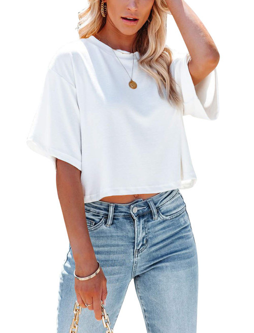 Yuccalley Women's Summer Crop Tops Short Sleeve Round Neck T-Shirt Basic Tees (White, Medium)