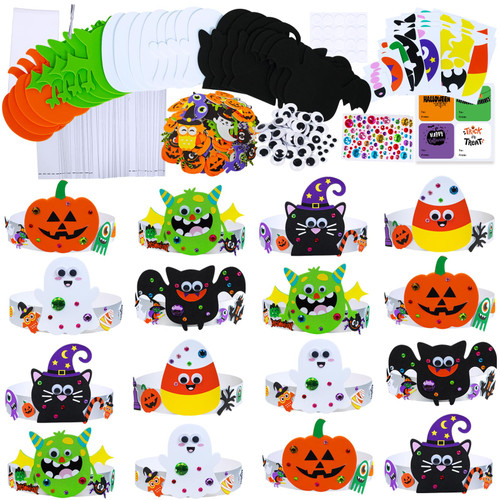 Winlyn 24 Sets Halloween Headbands Craft Kits Crown Art Sets Jack-o'-Lantern Candy Corns Ghost Monster Bat Paper Hat with Halloween Foam Stickers for Kids Halloween Classroom Activities Party Favors