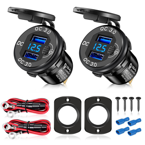 [Upgraded]2Pcs 12V/24V USB Outlet with Voltmeter& ON/Off Switch, Quick Charge 3.0 Dual USB Power Outlet, Waterproof Fast Charge USB Charger Socket DIY Kit for Car Boat Marine (2 Pack)