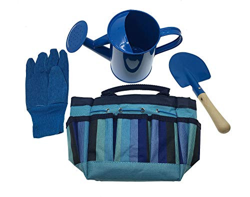 Kids Gardening Set for Kid Toys - 6 Pieces Garden Tools Set Includes Sturdy Tote ,Bag, Watering Can, Shovel, Rake, and Trowel - Mini Gardening Kit for Boys and Girls (Blue)