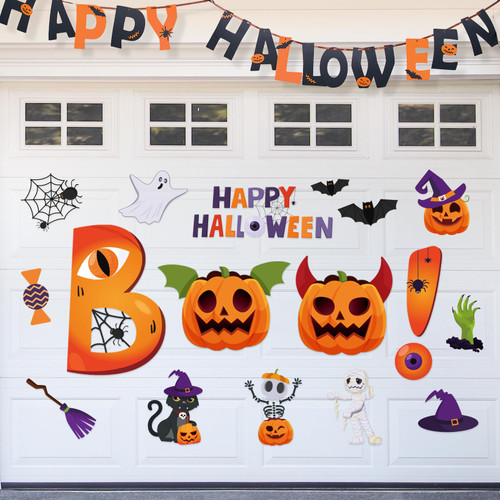 18PCS Halloween Garage Door Decorations Magnets Large Boo Happy Halloween Pumpkin Cat Bat Skeleton Magnetic Decal Halloween Refrigerator Car Magnets Stickers for Halloween Party Indoor Outdoor Decor