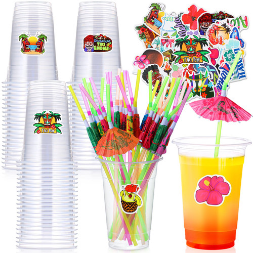 Mifoci 200 Pieces Hawaiian Luau Party Decorations Include 50 Pcs 16 oz Disposable Plastic Cups 50 Umbrella Parasol Drinking Straws 100 Cute Beach Hawaii Stickers Decals for Cocktail Beach Summer Party