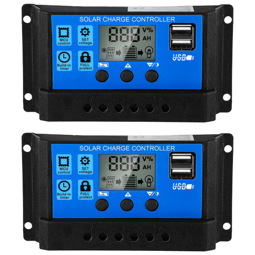 Solar Battery Controller 12v/24v Solar Panel Charge Controller Ground Solar Panel Controller Regulator with Adjustable LCD Display and Dual USB Port Timer Setting PWM Auto Parameter(2 Pieces,30A)