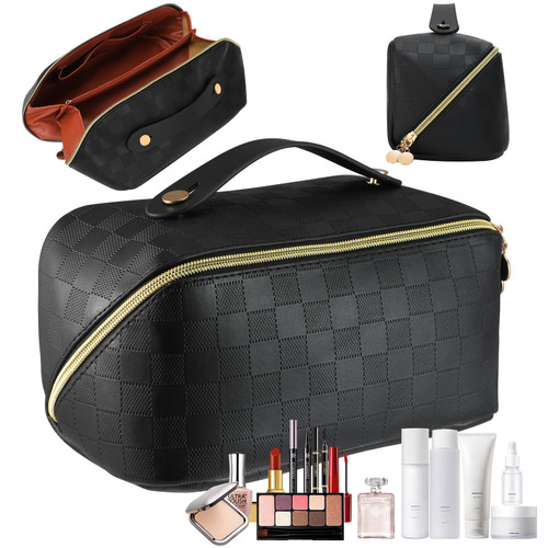 WUHANZTEN Cosmetic Bag- Large Travel Checkered Makeup Bag, Portable PU Leather Waterproof Cosmetic Bags?Women Travel Makeup Bag Organizer? with Handle and Divider Flat Lay Make Up Bag. (black) WUHANZTEN Cosmetic Bag- Large Travel Checkered Makeup Bag, Portable PU Leather Waterproof Cosmetic Bags?Women Travel Makeup Bag Organizer? with Handle and Divider Flat Lay Make Up Bag. (black)