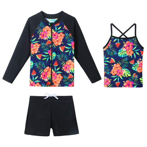 Girls Long Sleeve Swimsuits Rashguard 3 Pcs Sun Protective UV 50+ Zipper Swimwear S328_BlackFlower_104/110 Girls Long Sleeve Swimsuits Rashguard 3 Pcs Sun Protective UV 50+ Zipper Swimwear S328_BlackFlower_104/110